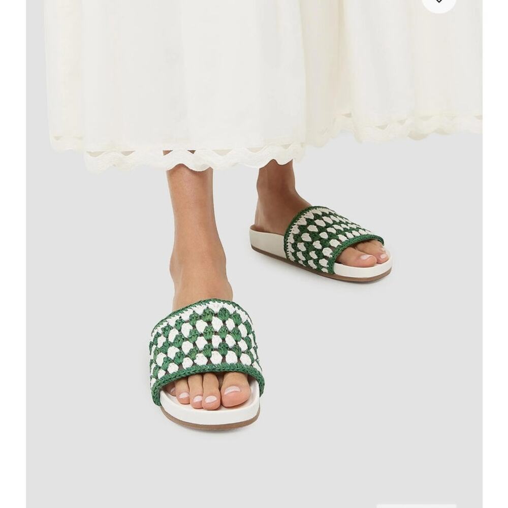 Loeffler Randal Henri Crochet rafia slide sandal in Green/White Summer Size 7